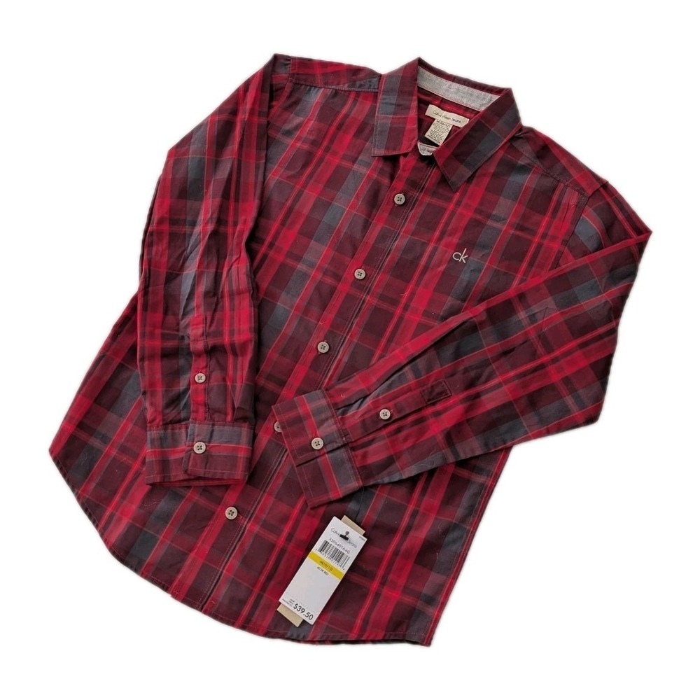 NWT CK Jeans Boys M Button Down Shirt Red And Grey Plaid